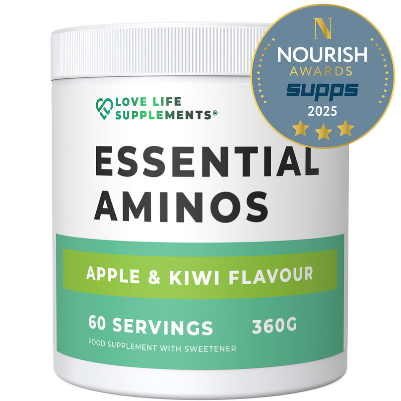 Supplement container labeled 'Essential Aminos' with 'Love Life Supplements' branding and Nourish Awards badge.