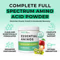 Supplement container labeled 'Essential Aminos' with branding and flavor information on a light green background.