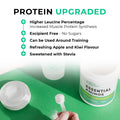 essential aminos Protein supplement container with scoop and text highlighting features on a green background