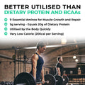 EAA_Mixed_Berry_Woman lifting weights with text about protein benefits in a gym setting