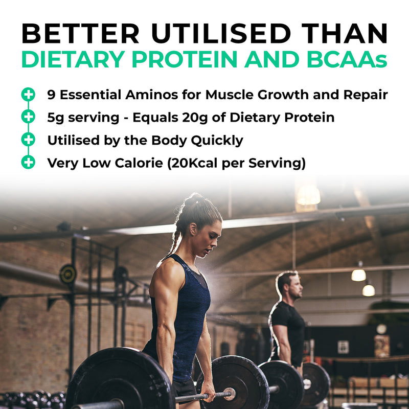 EAA_Mixed_Berry_Woman lifting weights with text about protein benefits in a gym setting
