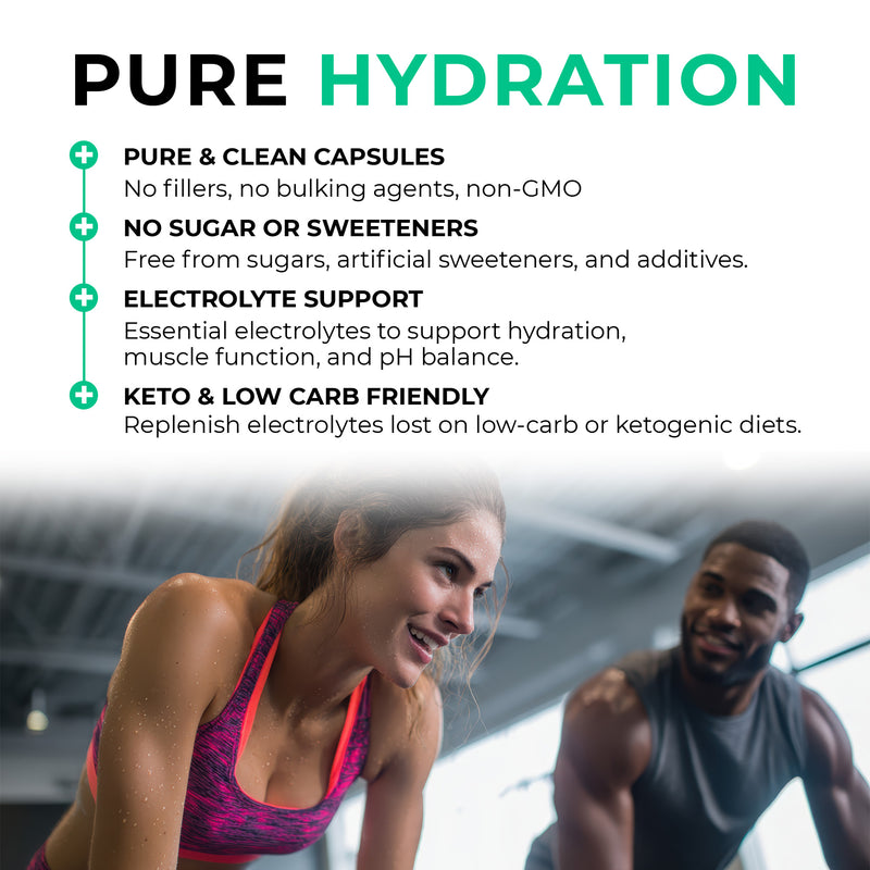 Electrolyte_Balance Advertisement for pure hydration products with a blurred background of two people exercising.