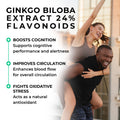 Promotional graphic for Ginkgo Biloba extract with text about its benefits and a couple in the background.