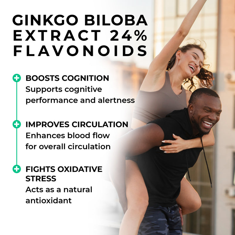Promotional graphic for Ginkgo Biloba extract with text about its benefits and a couple in the background.