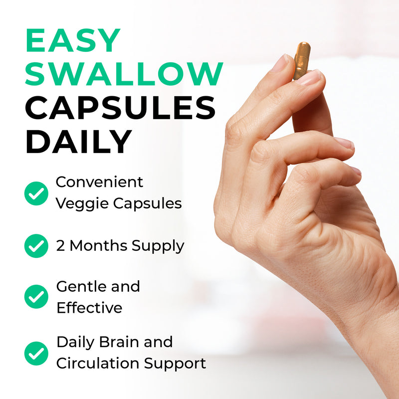 Gingko Biloba Hand holding a capsule with text about easy swallow capsules daily, convenience, veggie capsules, 2 months supply, gentle and effective, and daily brain and circulation support.