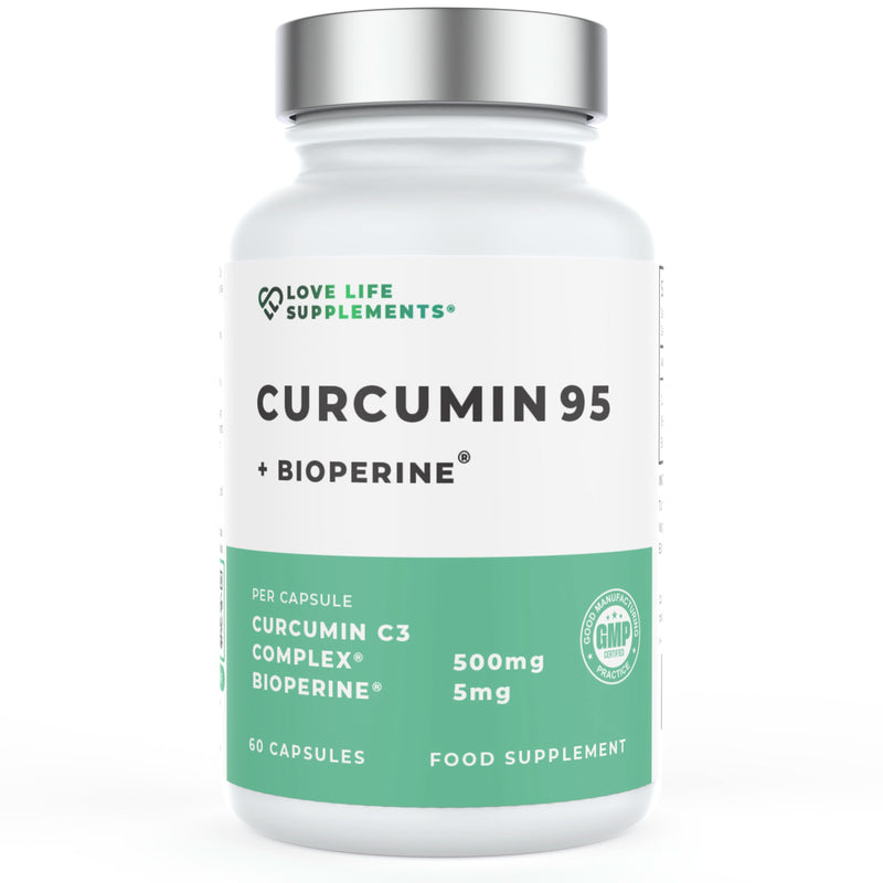 Supplement bottle labeled 'Curcumin 95 + Bioperine' by Love Life Supplements on a white background.