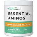 Supplement container labeled 'Essential Aminos' with 'Love Life Supplements' branding on a white background.