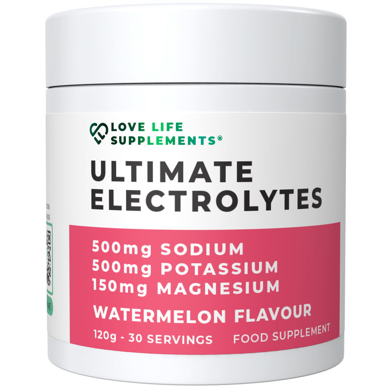 Supplement container labeled 'Ultimate Electrolytes' with flavor and nutritional information on a white background.