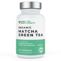 Supplement bottle labeled 'Organic Matcha Green Tea' by Love Life Supplements on a white background.