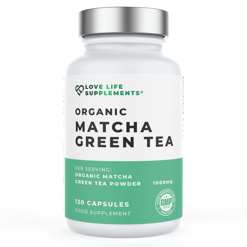 Supplement bottle labeled 'Organic Matcha Green Tea' by Love Life Supplements on a white background.