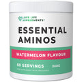 Supplement container labeled 'Essential Amino Acids Powder' with watermelon flavour on a white background