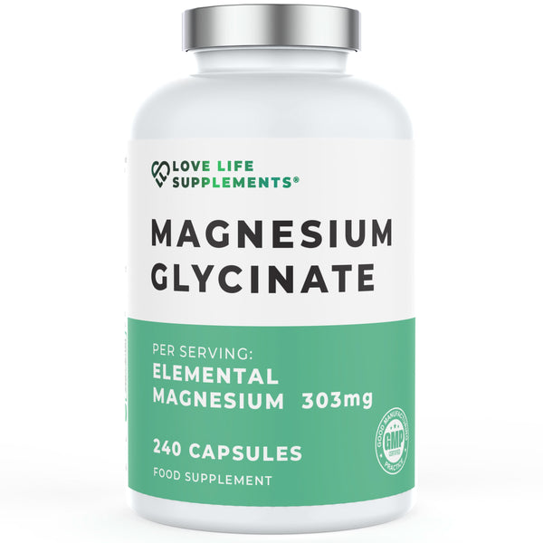 Supplement bottle labeled 'Magnesium Glycinate' by Love Life Supplements on a white background
