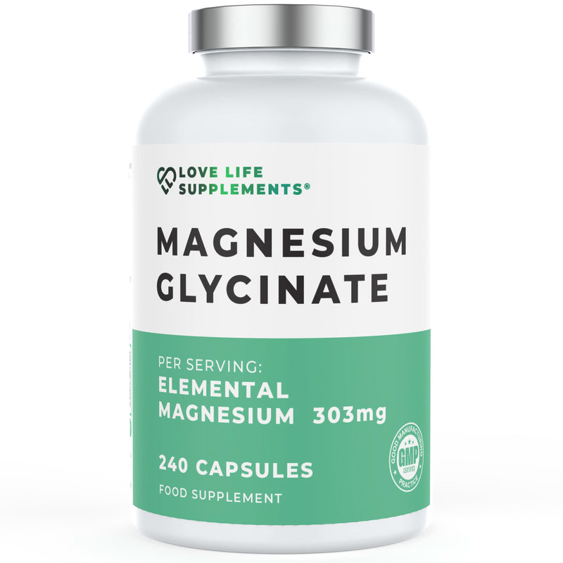 Supplement bottle labeled 'Magnesium Glycinate' by Love Life Supplements on a white background