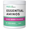 Supplement container labeled 'Essential Amino Acids Powder' with 'Love Life Supplements' branding on a white background.
