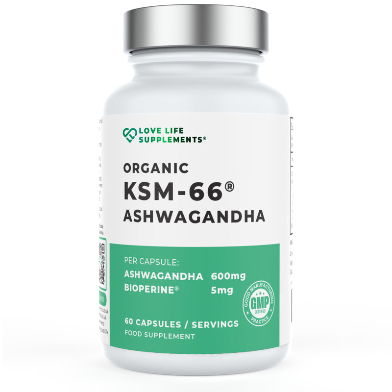 Supplement bottle labeled 'Organic KSM-66 Ashwagandha' by Love Life Supplements on a white background.