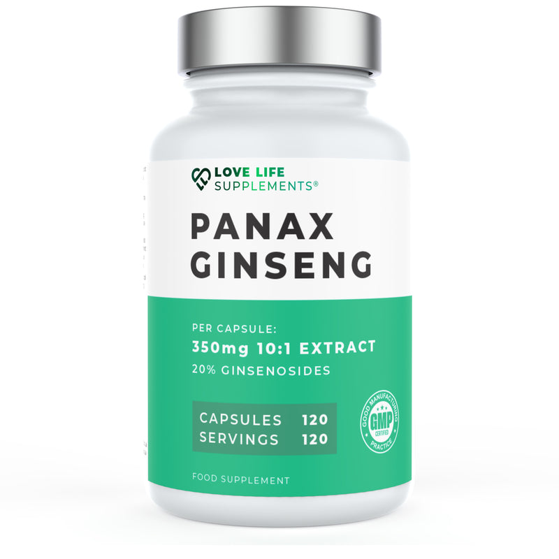 Supplement bottle labeled 'Panax Ginseng' by Love Life Supplements on a white background
