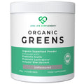 Container of Love Life Supplements Organic Greens powder on a white background