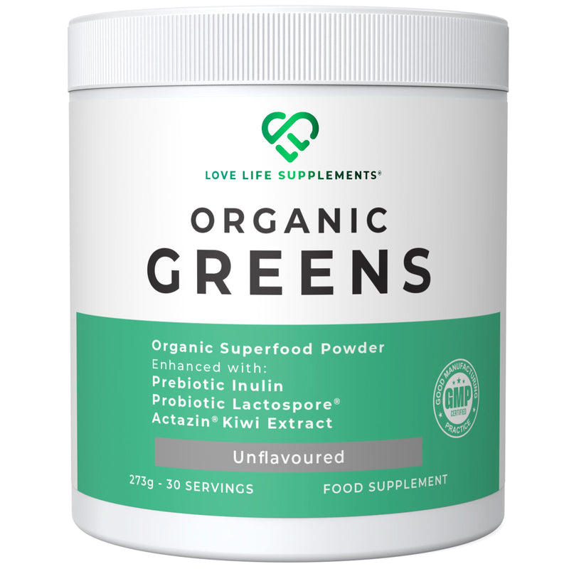 Container of Love Life Supplements Organic Greens powder on a white background