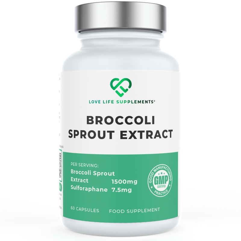 Bottle of broccoli sprout extract supplement with visible branding on a white background