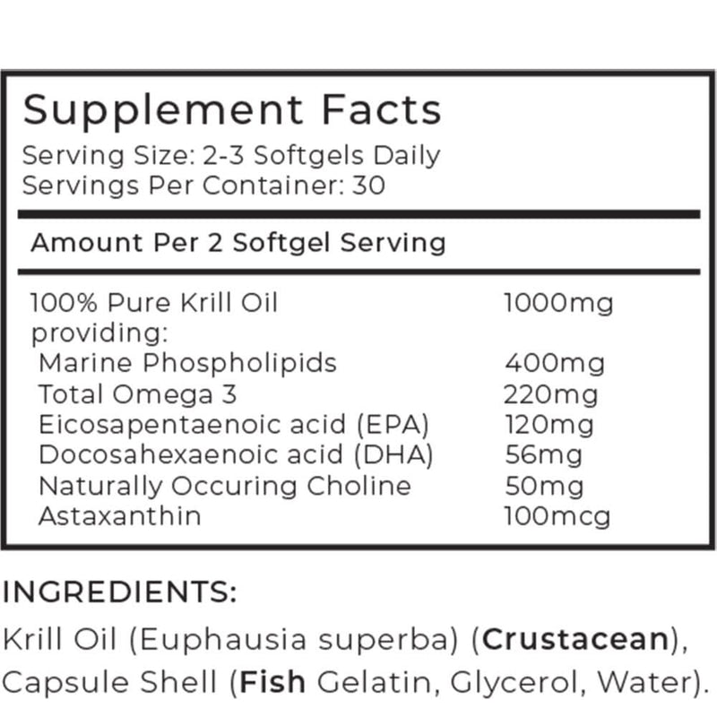 Supplement facts label for krill oil with serving size and ingredients listed.