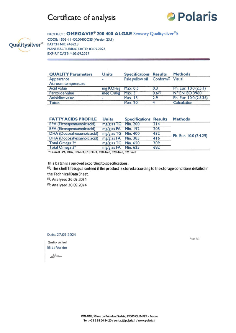 vegan omega Certificate of analysis for a product with Polaris branding on a white background