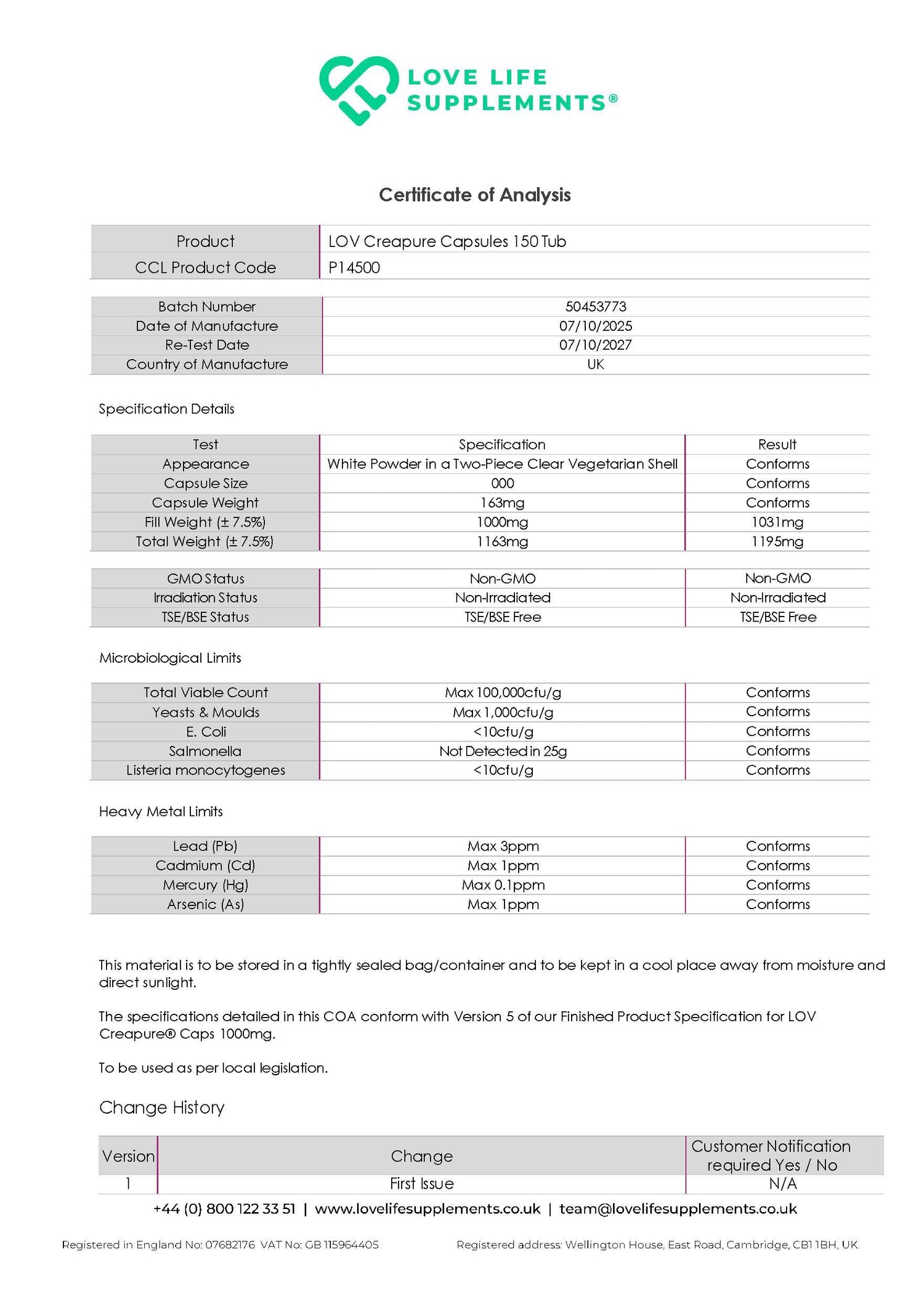 Certificate of Analysis for LOVE LIFE Supplements creapure creatine product, showing detailed specifications and test results.