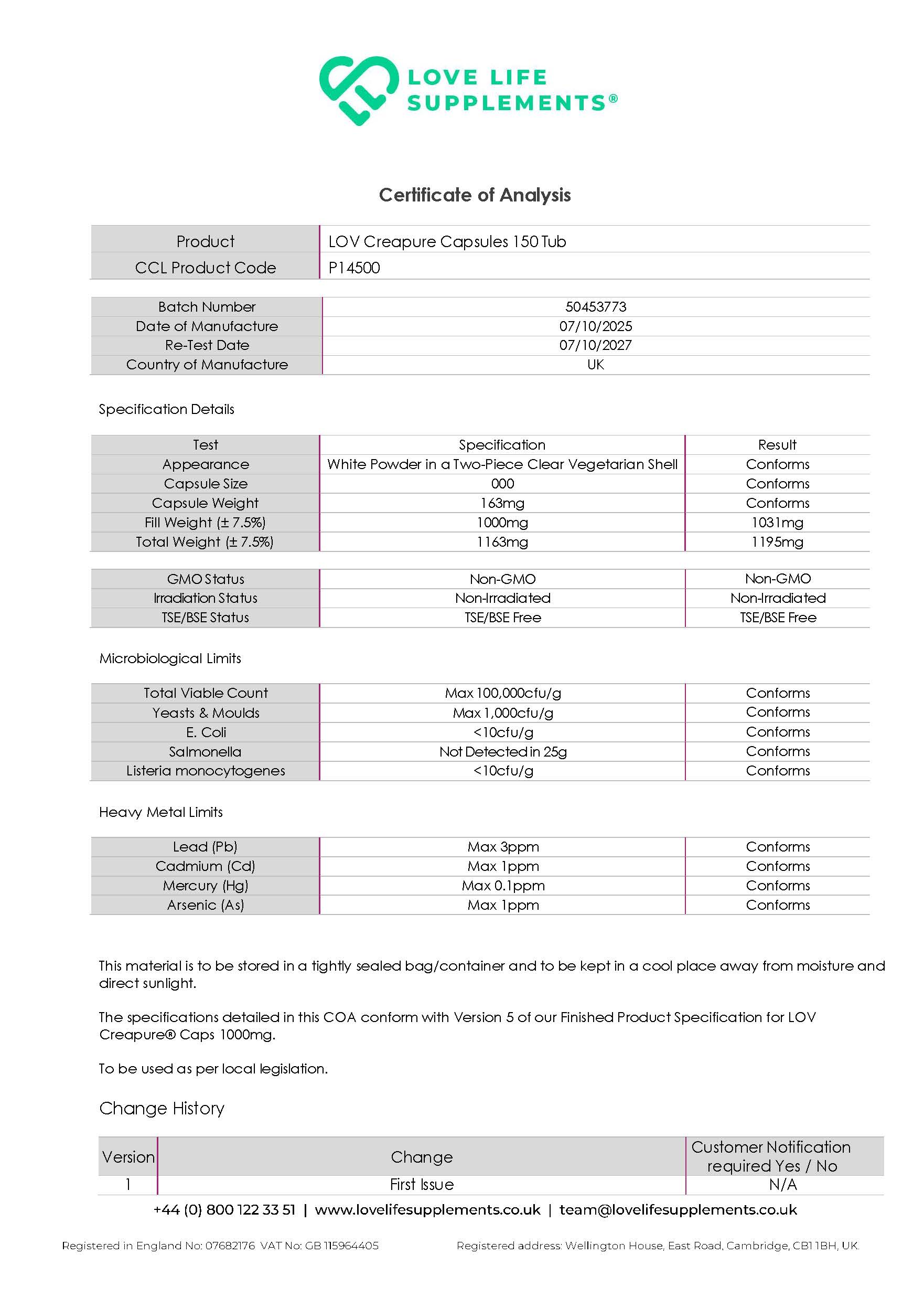 Certificate of Analysis for LOVE LIFE Supplements creapure creatine product, showing detailed specifications and test results.