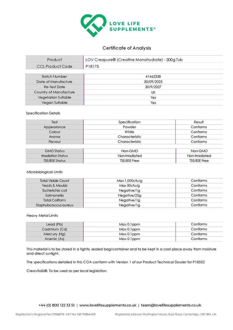 Certificate of Analysis for Love Life Supplements creavitalis creatine product, showing various specifications and certifications.