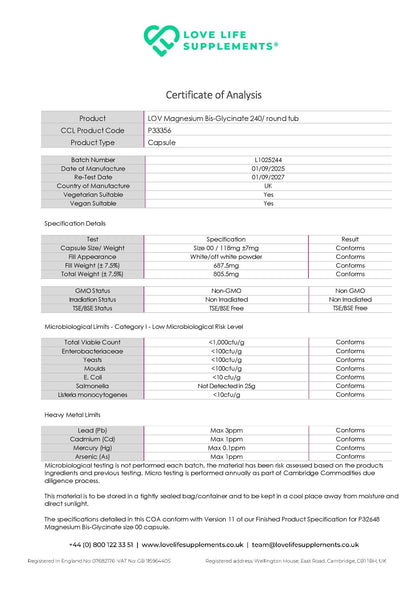 Certificate of Analysis for Love Life Supplements magnesium bis-glycinate supplement