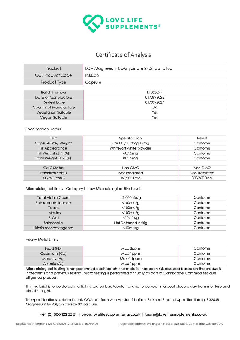 Certificate of Analysis for Love Life Supplements magnesium bis-glycinate supplement