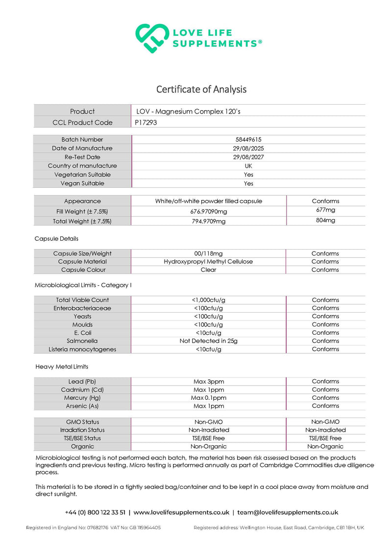 Certificate of Analysis for Love Life Supplements magnesium seven, showing product details and analysis results.