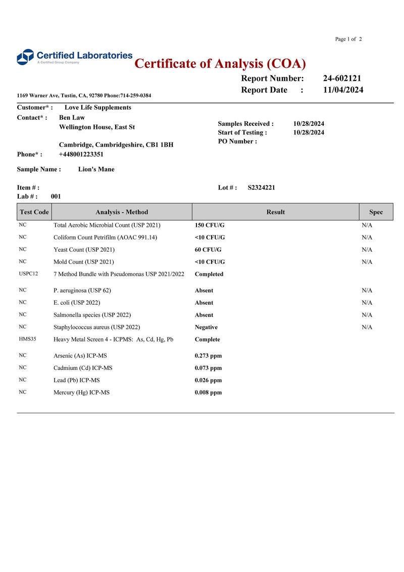 Lions mane Certificate of Analysis (COA) from Certified Laboratories with test results.