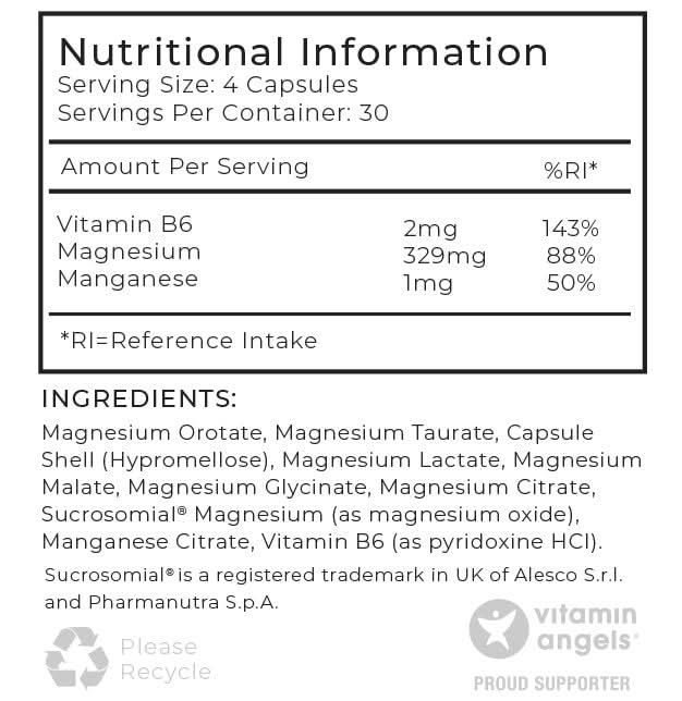 magnesium Nutritional information and ingredients label for a supplement product.