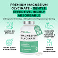 Supplement bottle labeled 'Magnesium Glycinate' with product details on a light green background