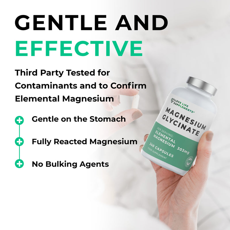 magnesium glycinate Hand holding a bottle of magnesium supplement with product details on a white background