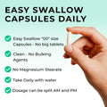 Magnesium_Glycinate Hand holding an easy swallow capsule with product features listed on a light green background
