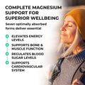 Advertisement for magnesium supplement with a woman outdoors and text about magnesium benefits.