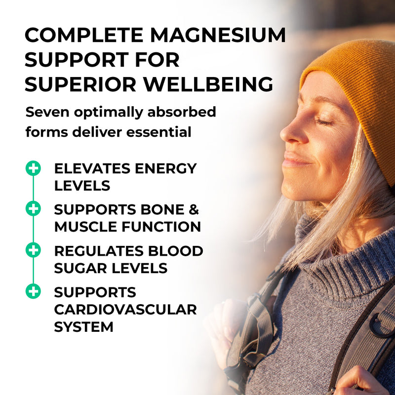 Advertisement for magnesium supplement with a woman outdoors and text about magnesium benefits.