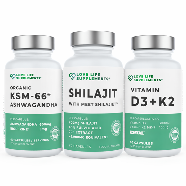 Three supplement bottles labeled 'KSM-66 Ashwagandha', 'Shilajit with Meet Shilajiet', and 'Vitamin D3 + K2' on a white background.