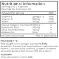 marine collagen complex Nutritional information label for a supplement with detailed ingredient list and allergen information.