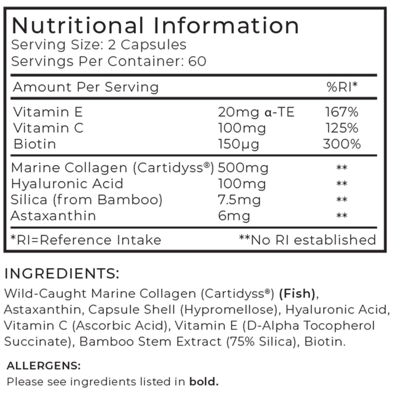 marine collagen complex Nutritional information label for a supplement with detailed ingredient list and allergen information.