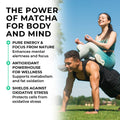 Matcha Green Tea  Two people exercising outdoors with text about the benefits of matcha.