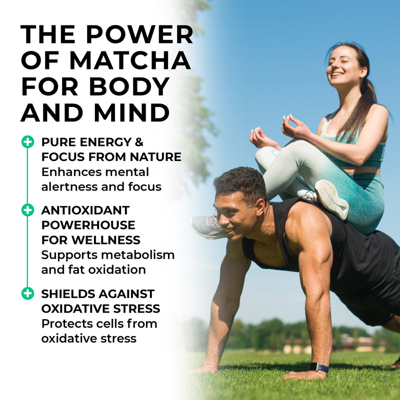 Matcha Green Tea  Two people exercising outdoors with text about the benefits of matcha.