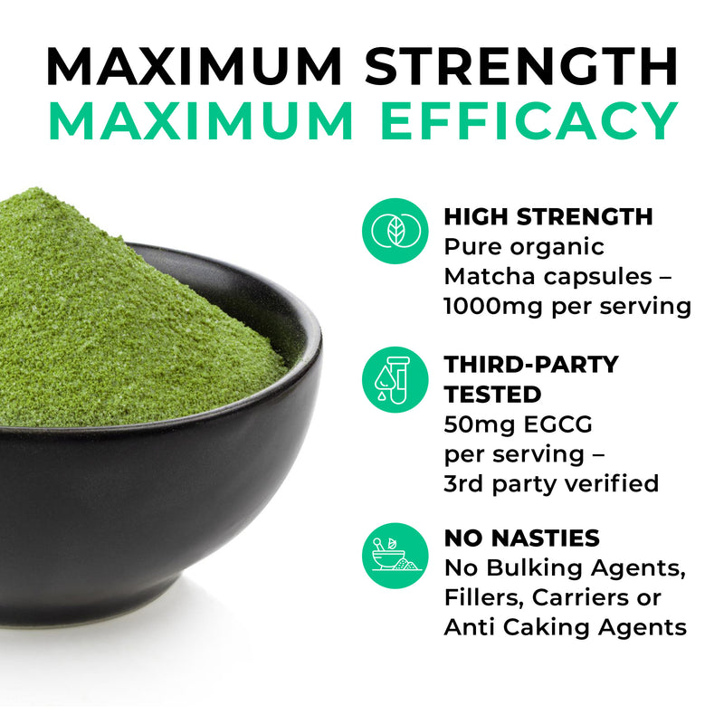 Matcha Green Tea Black bowl filled with green powder with text highlighting 'Maximum Strength' and 'Maximum Efficacy'.