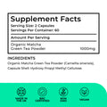 Supplement facts label for organic matcha green tea powder capsules with certification icons at the bottom.