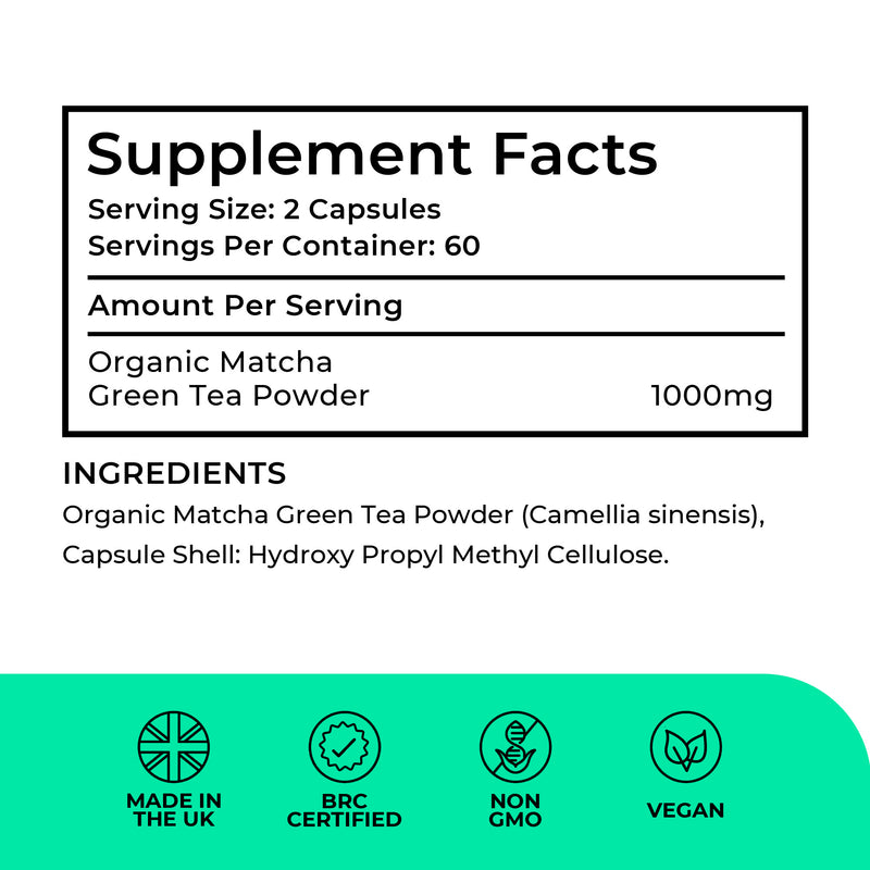 Supplement facts label for organic matcha green tea powder capsules with certification icons at the bottom.