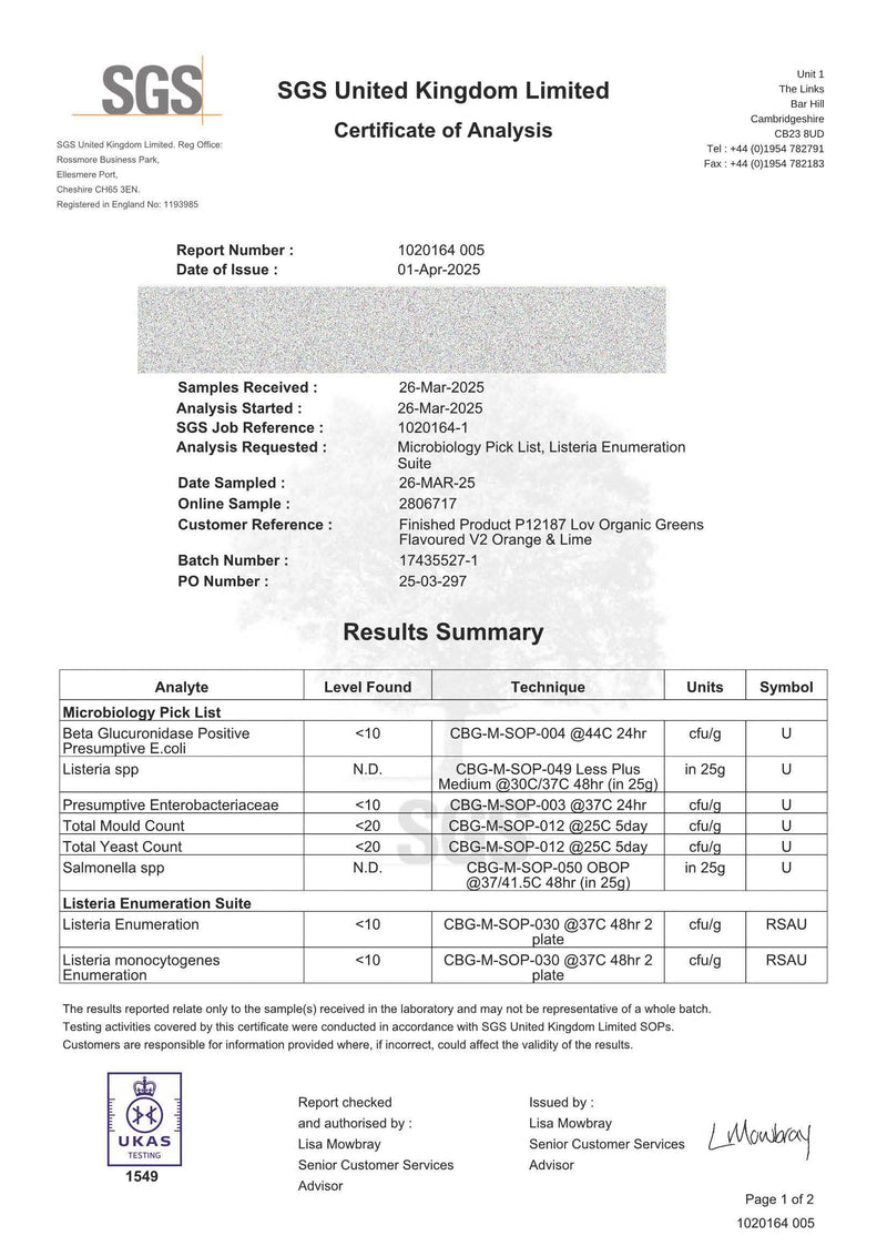 SGS Certificate of Analysis Organic Greens orange and lime with detailed results summary on a white background