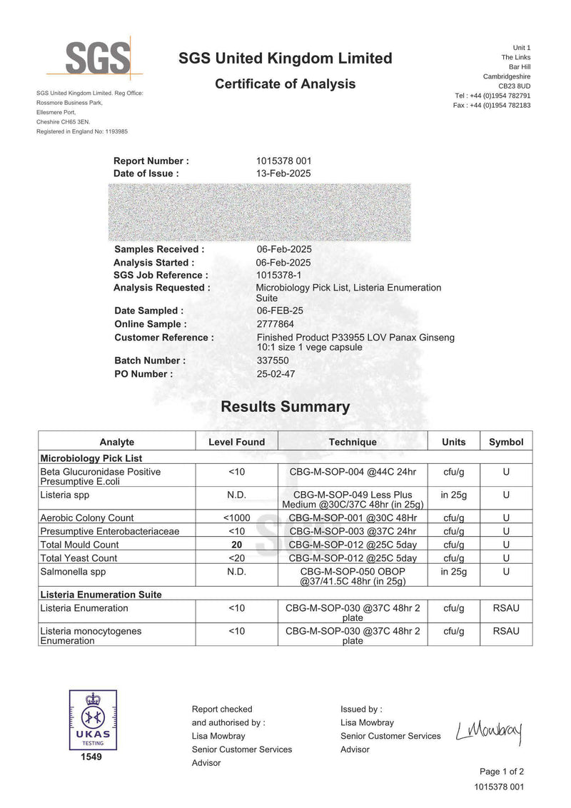 SGS Certificate of Analysis panax ginseng with results summary and SGS logo.