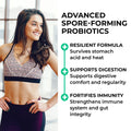 Woman in athletic wear with text about advanced spore-forming probiotics