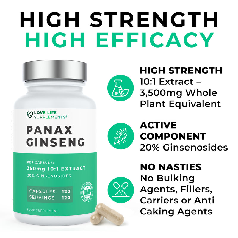 Panax Ginseng supplement bottle with product details on a white background